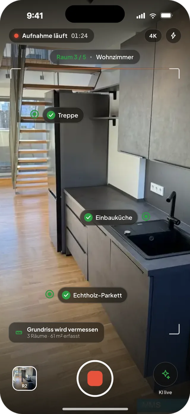 Videorundgang einer Wohnung mit Live-KI-Erkennung von Räumen und Ausstattung in der AI-Exposé-App