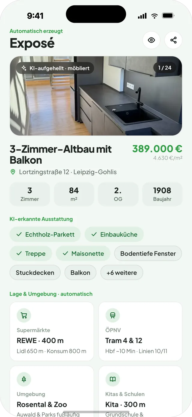 Automatisch generiertes Immobilien-Exposé in der AI-Exposé-App