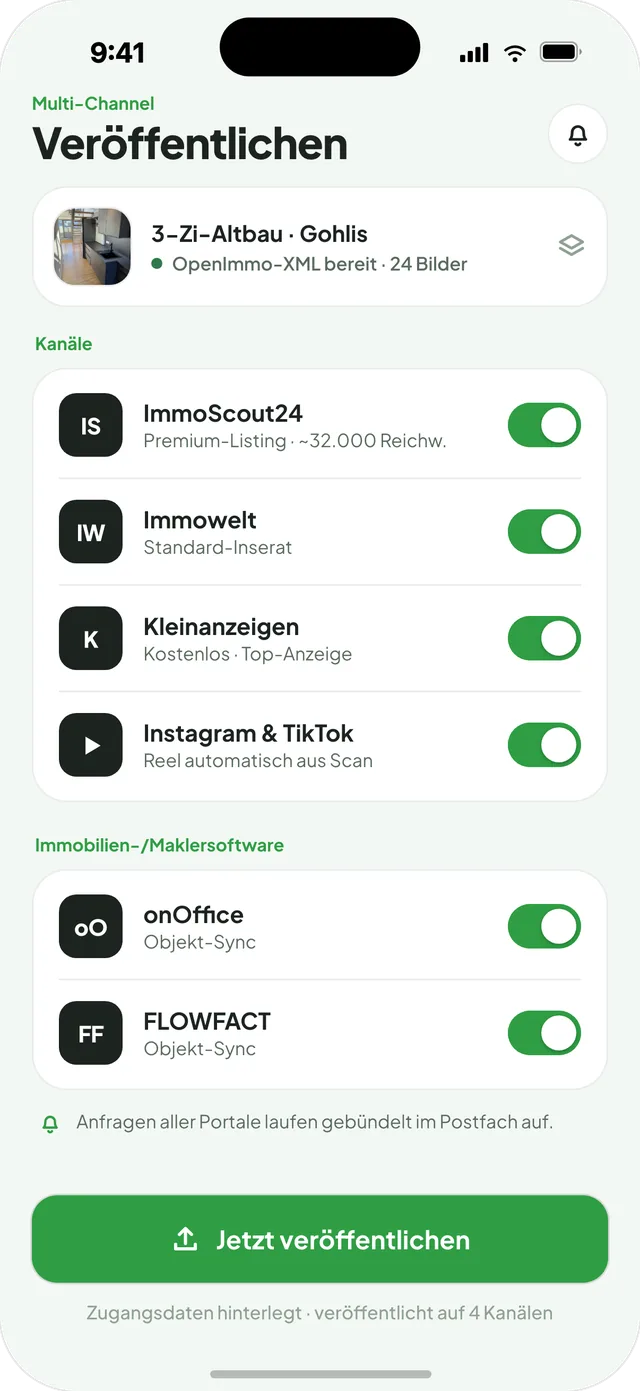 Veröffentlichung der Immobilienanzeige auf ImmoScout24, Immowelt und Kleinanzeigen mit einem Klick