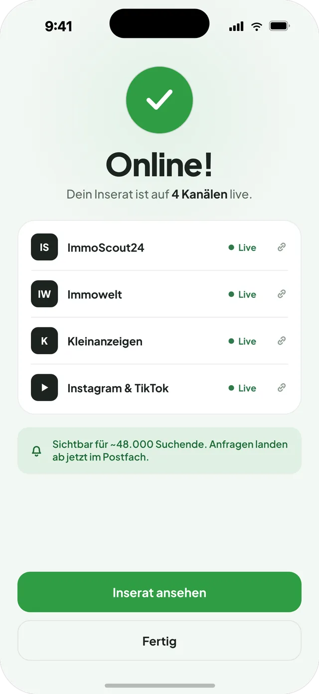 AI-Exposé App-Screen: Immobilienanzeige live auf vier Kanälen